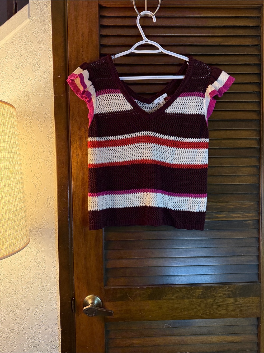 Nine West Maroon Open-Knit V-Neck Sweater with Cream & Hot Pink Accents